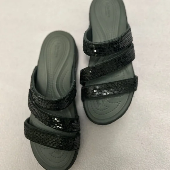 Lite Ride by Crocs Black Wedge Heel Sequin Straps Sz: 7 - Picture 3 of 7